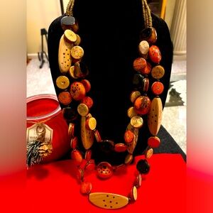 CHICO’S BOHO INSPIRED WOODEN ORANGE AND TERRACOTTA MULTI-STRAND NECKLACE, 28”